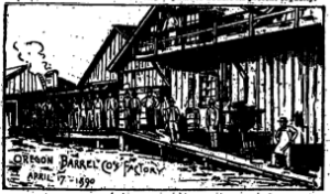 A drawing of the Oregon Barrel Company from The Oregonian, c. 1880.